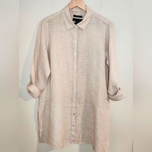 Tahari Women's 100% Linen Tunic Top Size M Khaki Roll Tab Minimalist Scandi Chic